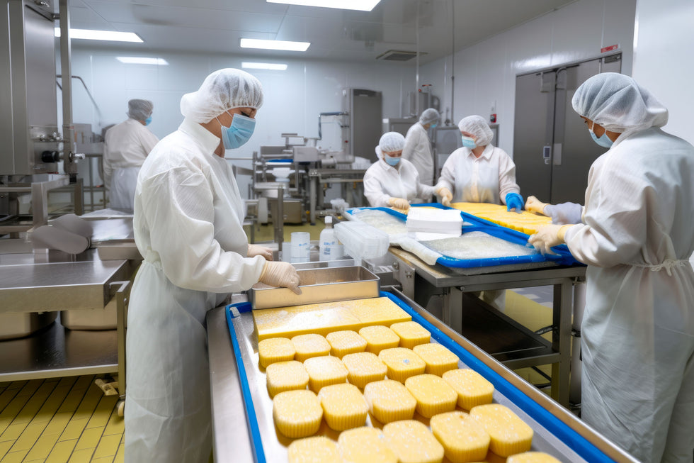 Workers in white protective suits, face masks, and hairnets process yellow rectangular items on stainless steel tables in a clean food production facility.