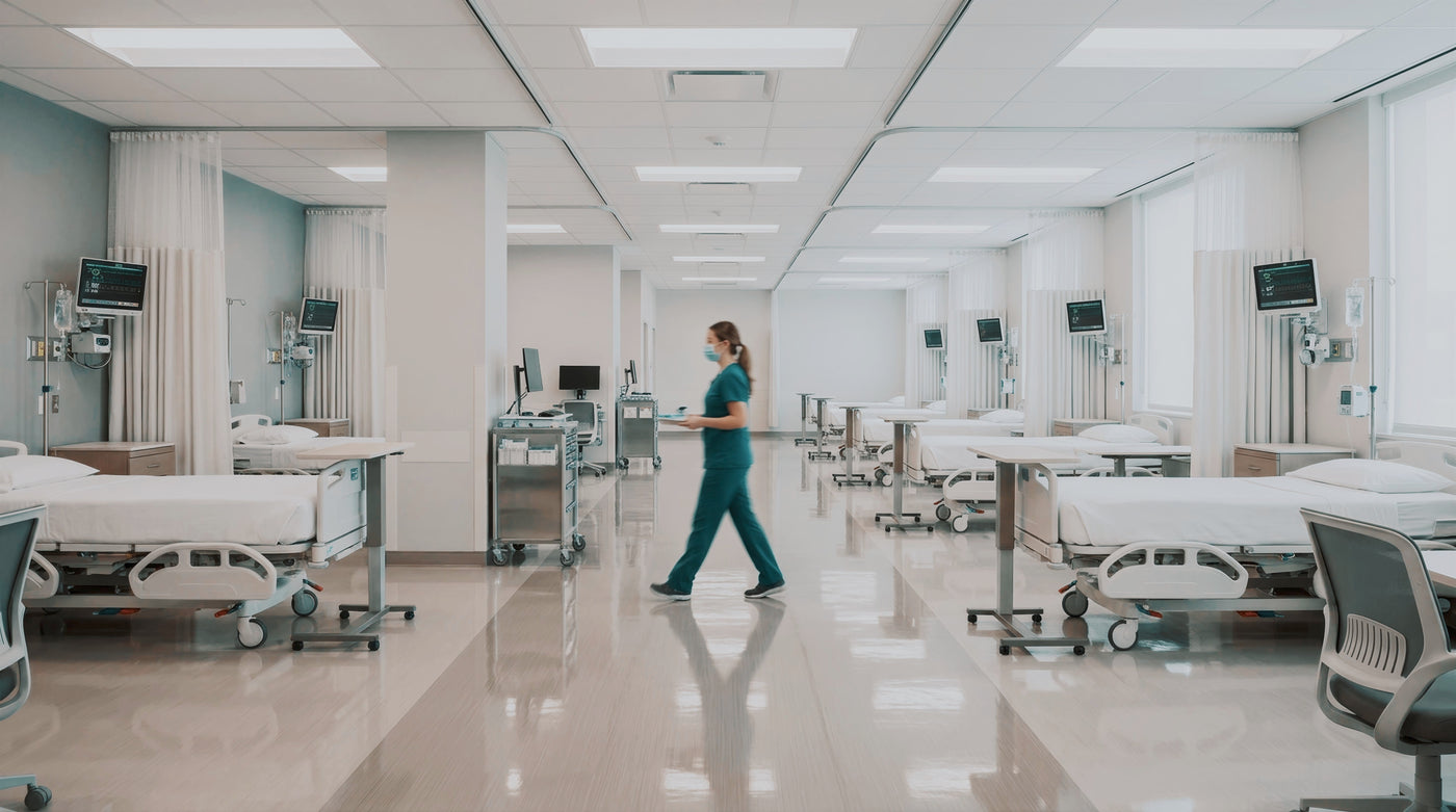 A healthcare worker in teal scrubs walks down a long, bright hospital ward with multiple patient beds, medical carts, and ceiling lights.