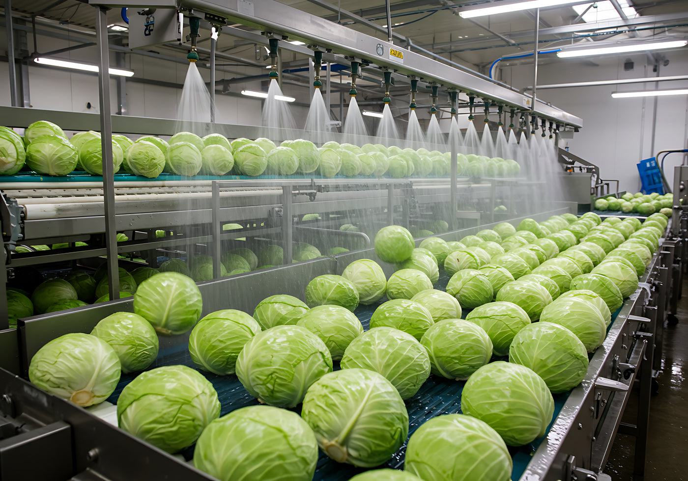 Fresh green cabbage heads moving along a conveyor belt in a clean industrial food processing facility, with overhead water sprays spraying throughout the line.