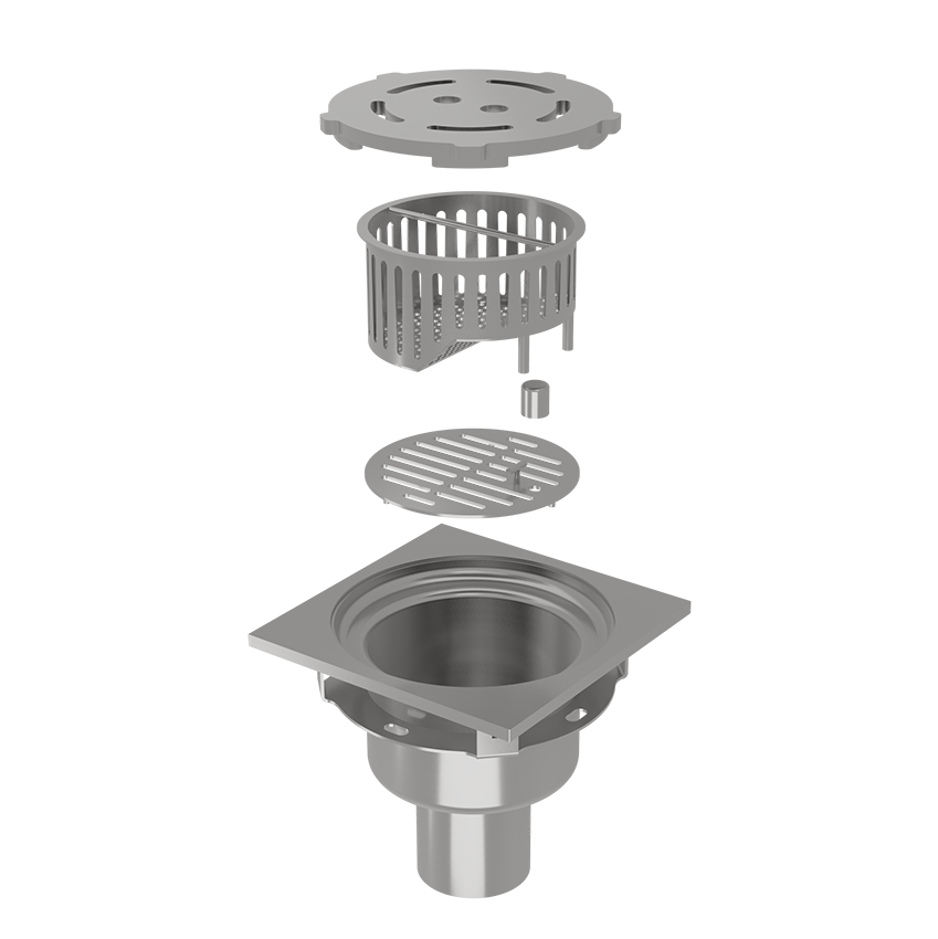 Square Area drain with lid and strainer basket and secondary magnetic locking strainer