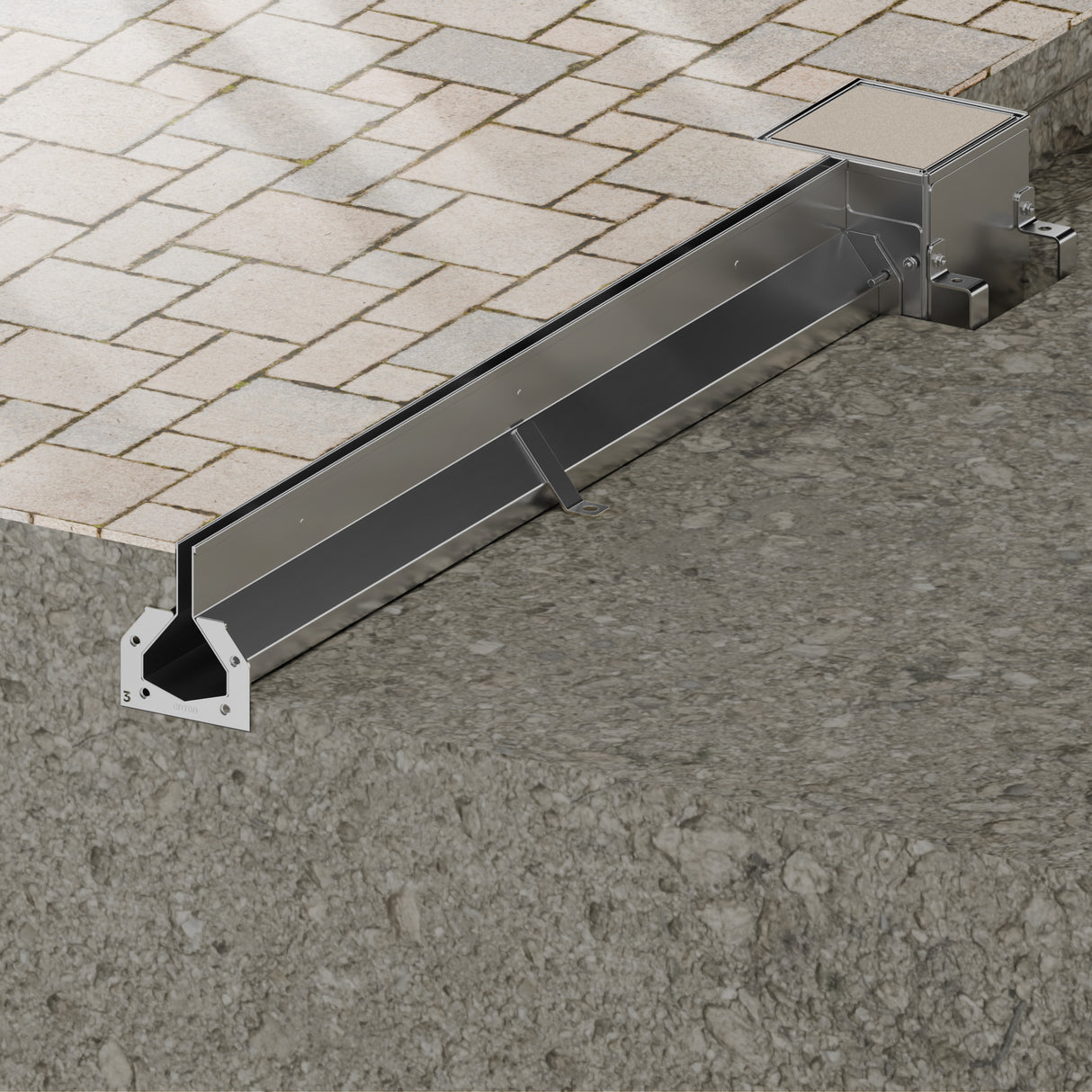 1/2 inch stainless steel slot drain kit insalled in outdoor patio with paver stones included in pan lid 