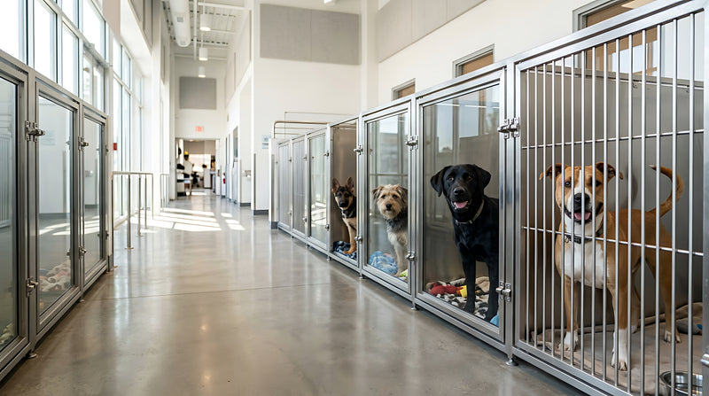 A long hallway with rows of metal and glass dog kennels, with several dogs standing inside the enclosures.