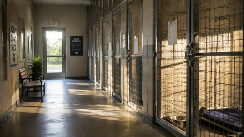 A long hallway with metal kennel cages lining the right side, a bench and potted plant on the left, and a bright exit door at the far end. Sunlight streams in from the doorway, casting strong shadows across the floor.