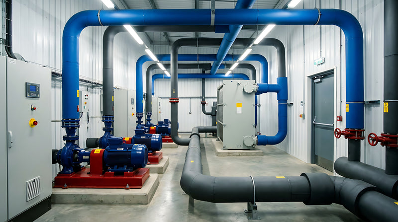 Boiler room of a marine environment with pumps and piping and shut off valves.