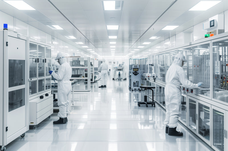 Clean room environment with multiple people wearing protective clothing