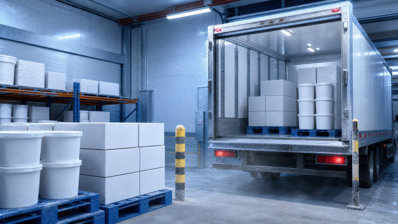 Climate controlled refrigerated area containing a truck with an open back door loaded with several pallets of white material. Pallet storage with frosted product visible in the foreground.
