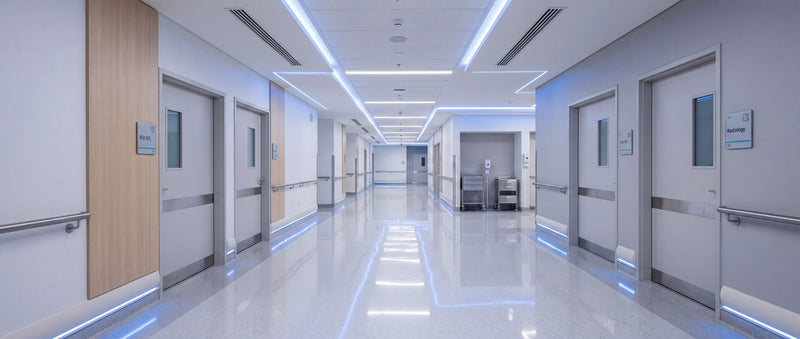 Hospital corridor with closed doors, white walls, polished floors and modern led overhead lighting.
