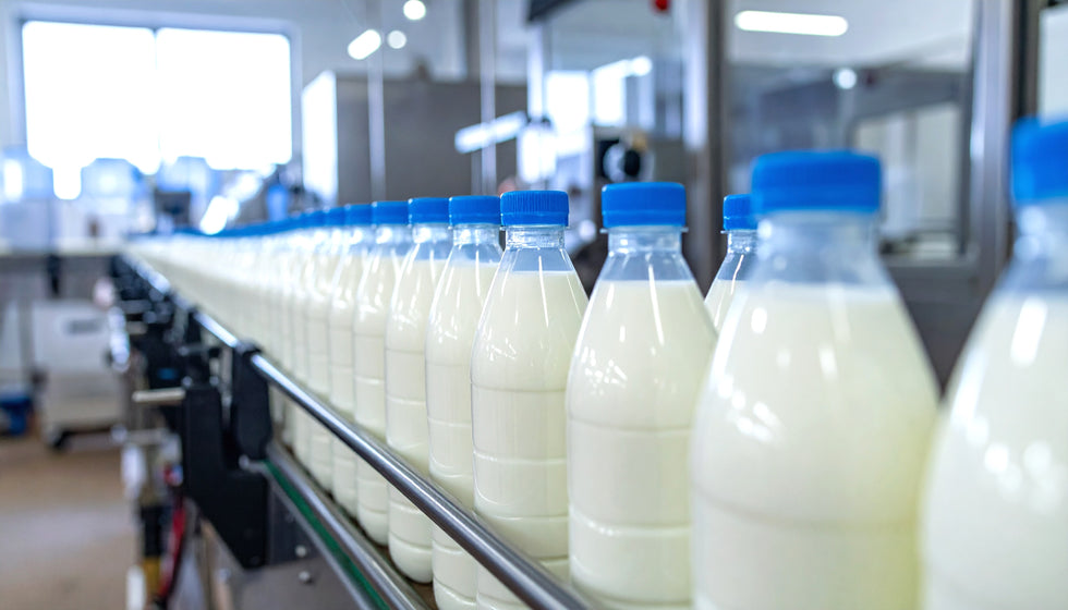 A row of plastic milk bottles filled with white milk, sealed with blue caps, moving along a conveyor belt in a bright industrial setting.