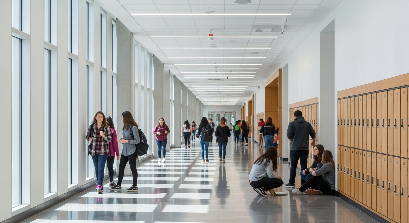 A long school hallway with large windows on the left, wood grain lockers on the right, and several students walking, sitting, and talking in the corridor.