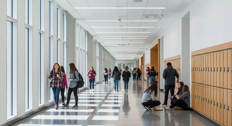 A long school hallway with large windows on the left, wood grain lockers on the right, and several students walking, sitting, and talking in the corridor.