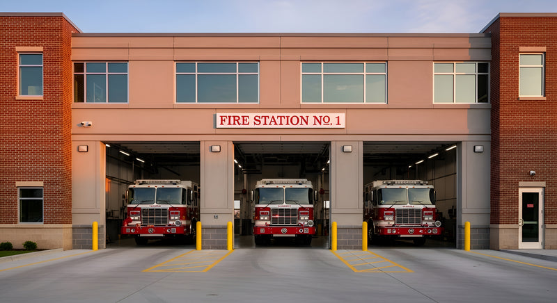 Front view of a firehall with three large open doors with fire engines visible.