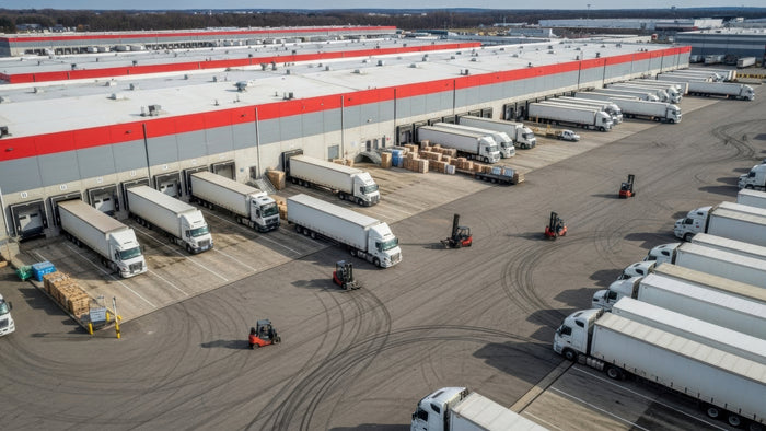 Aerial view of a large warehouse terminal with rows of white semi-trucks parked at loading docks, forklifts moving cargo, and paved delivery yards.