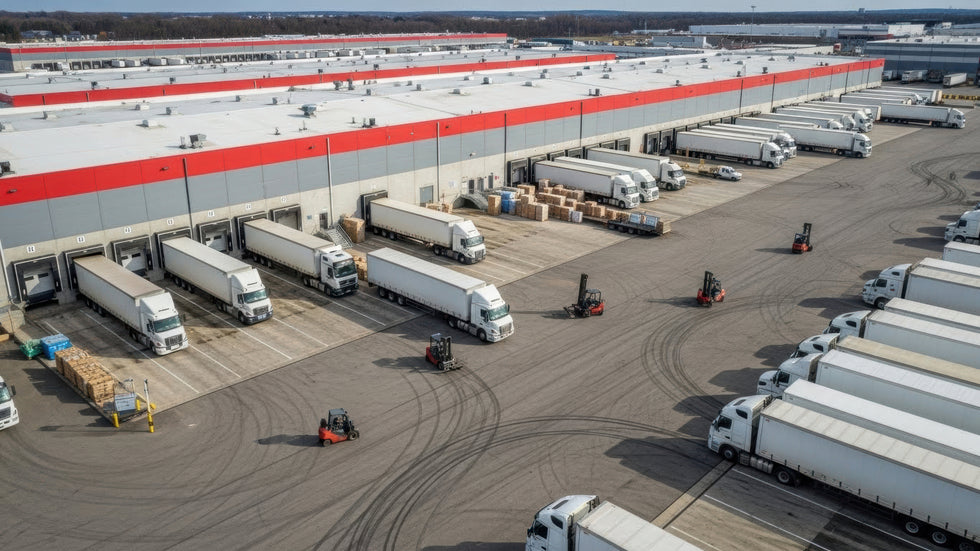 Aerial view of a large warehouse terminal with rows of white semi-trucks parked at loading docks, forklifts moving cargo, and paved delivery yards.