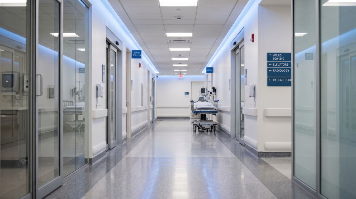 hallway of hospital or healthcare facility, gurney in hallway