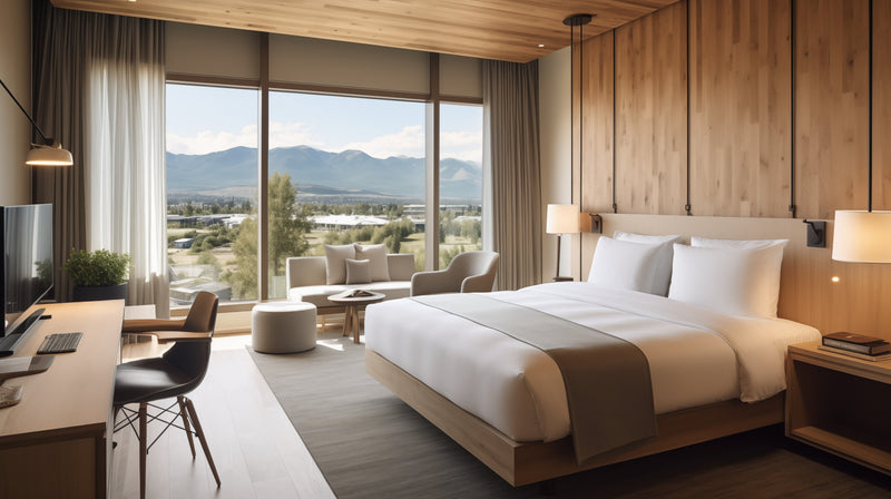 Modern hotel room with a bed, a desk, wood paneled walls and large windows.