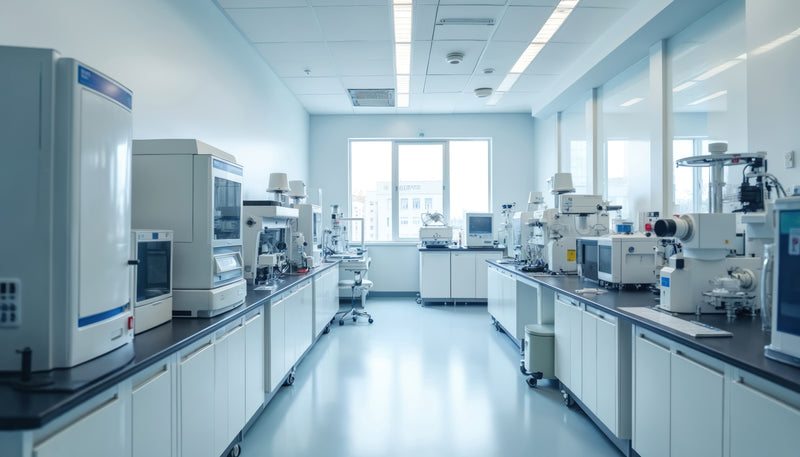 A bright, modern laboratory with long white workbenches, scientific instruments, and large windows at the back, photographed from the center of the room.