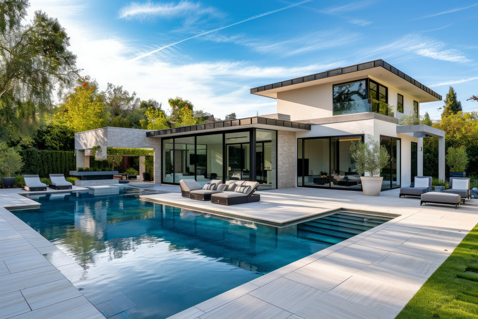 Modern house with a pool and outdoor furniture on a sunny day