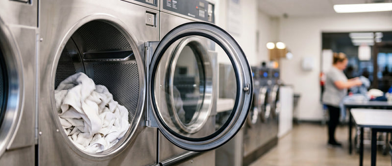 A commercial laundromat in the foreground is a stainless steel machine with the door open and white linens sitting inside while a person folds laundry at a table in the background.