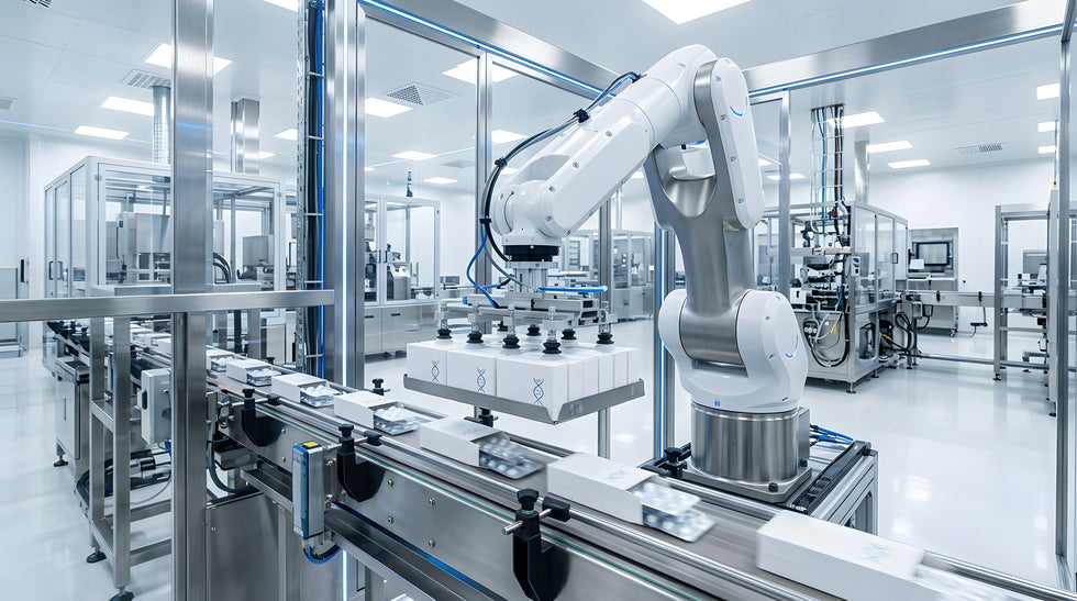 A white and silver robotic arm mounted on a metal frame in a clean, brightly lit pharmaceutical or manufacturing facility with stainless steel equipment and a white floor.