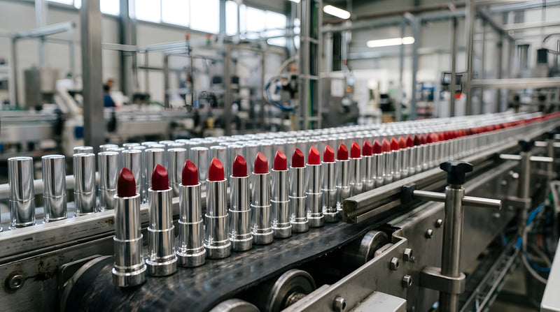 long row of lipsticks on a conveyor belt inside factory