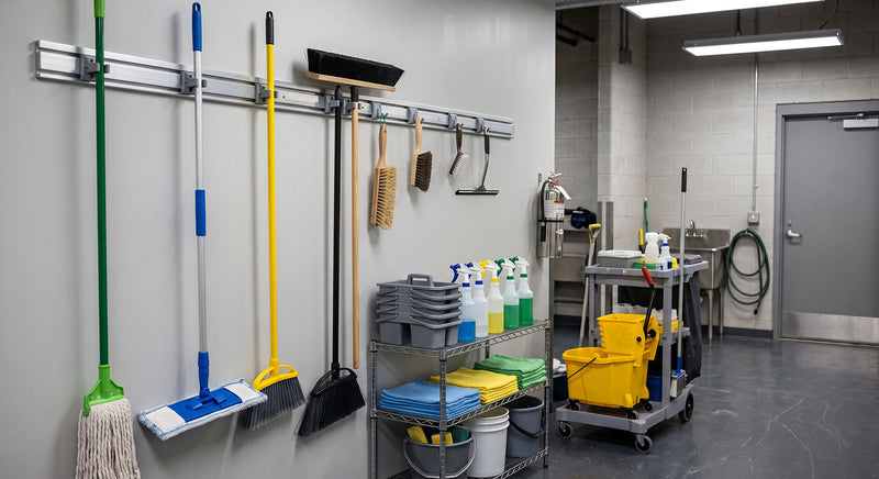 A clean commercial cleaning station with wall-mounted tools including mops, brushes, and sponges, a metal utility cart with cleaning supplies, and a yellow bucket in a bright industrial room.