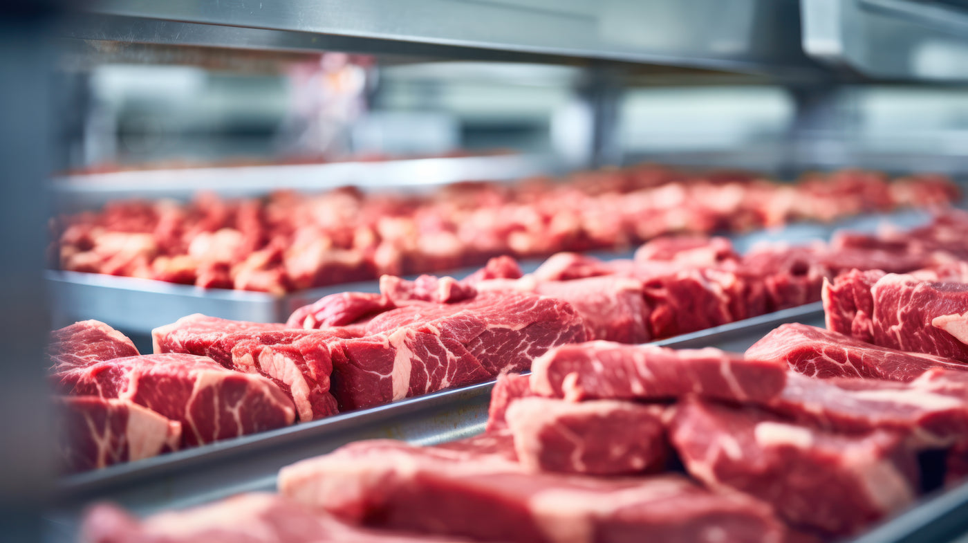 Raw beef cuts displayed on metal trays inside a refrigerated display case, with shallow depth of field focusing on the foreground meat.