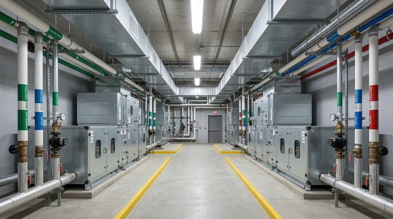 Mechanical room with piping and building utility equipment