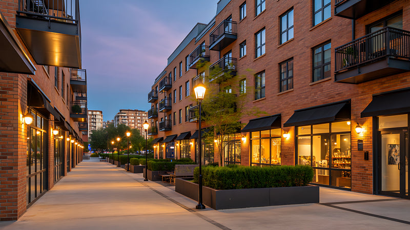 A wide, well-lit outdoor walkway between modern brick apartment buildings at dusk, with lit storefronts, black awnings, balconies, street lamps, and small trees.