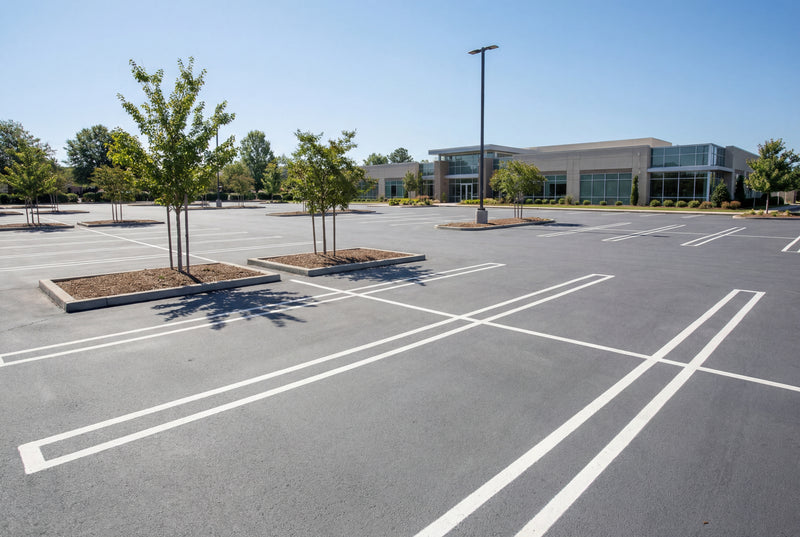 Large parking lot in front of a building