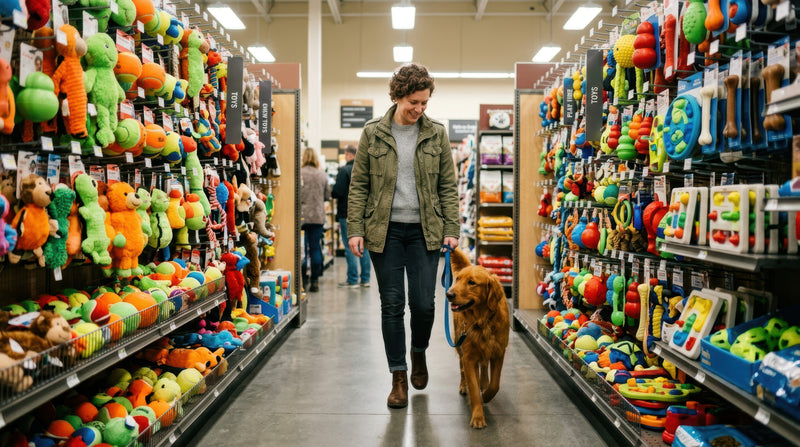 Woman and dog walking through a pet store aisle with many toys on the shelves.