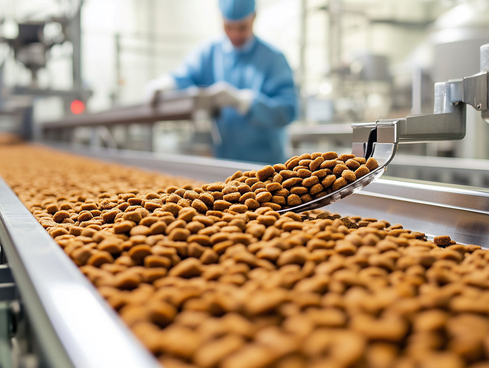 Brown kibble pet food pellets moving along a conveyor belt in a factory setting, with a metal scoop lifting some of the food and a blurred worker in a blue uniform in the background.