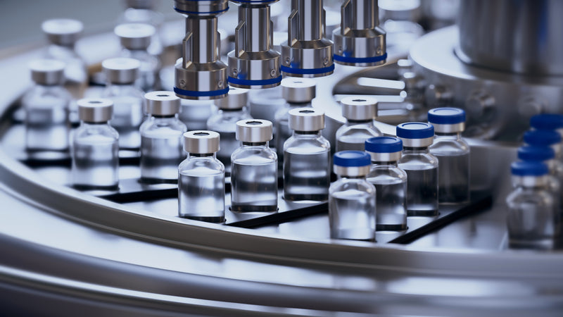 Automated production line with vials on a conveyor.