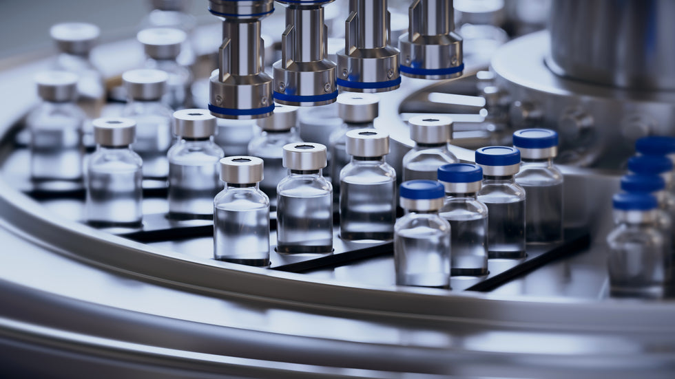 Automated production line with vials on a conveyor.