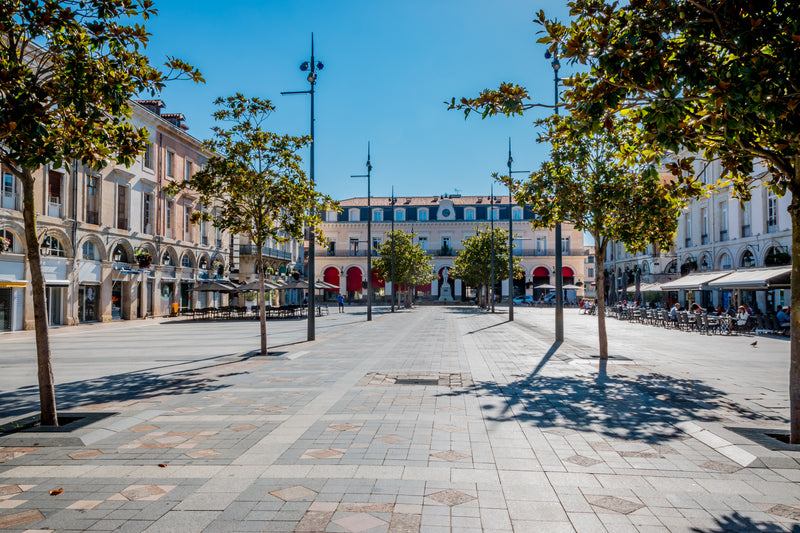 Open plaza courtyard with tress and chairs