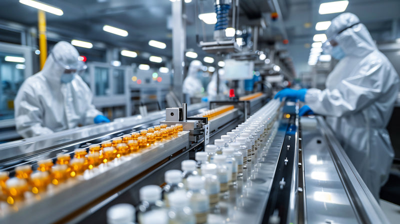 Production line of medicine with people wearing protective clothing