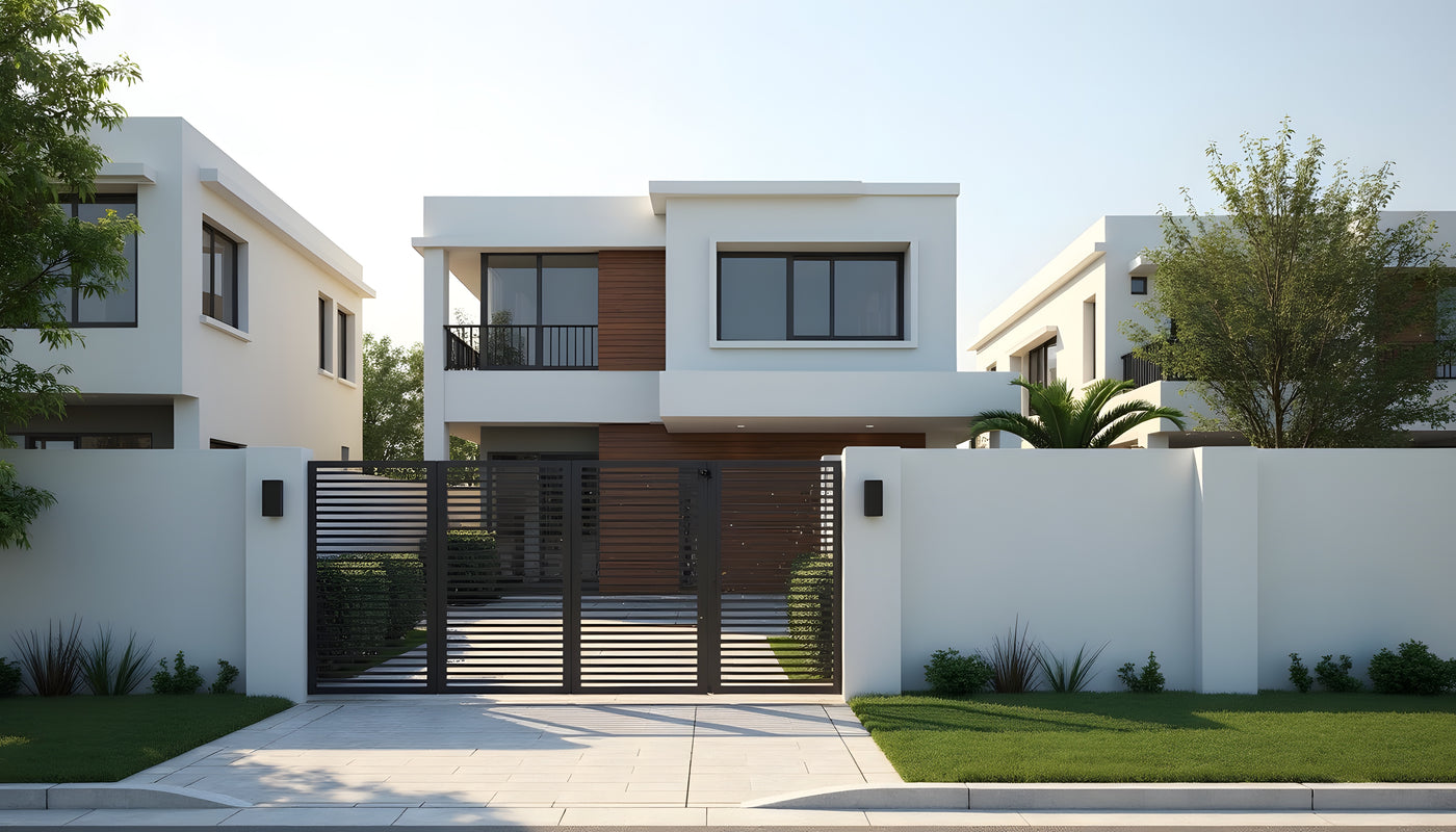 Modern two-story residential house exterior with white stucco walls, dark wood accents, large windows, a black metal gate, and landscaped lawn and trees.