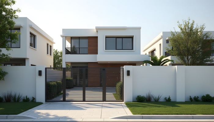 Modern two-story residential house exterior with white stucco walls, dark wood accents, large windows, a black metal gate, and landscaped lawn and trees.