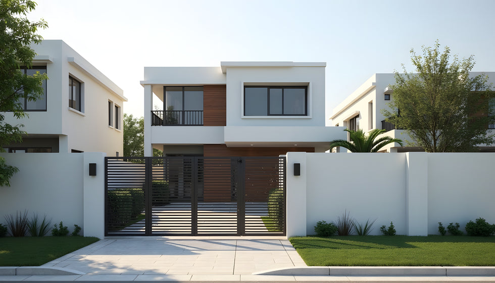Modern two-story residential house exterior with white stucco walls, dark wood accents, large windows, a black metal gate, and landscaped lawn and trees.