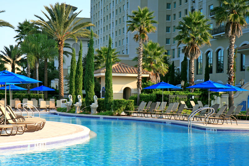 Pool area with lounge chairs with umbrellas and palm trees
