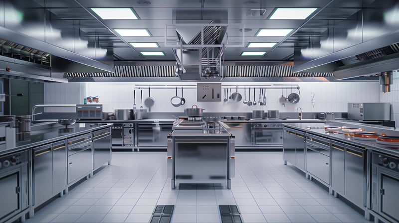A wide, clean commercial kitchen interior with stainless steel workstations, counters, ventilation hoods, tiled floors, and bright overhead lighting.