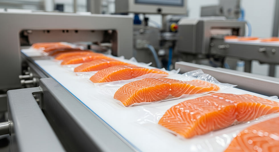 Vacuum-sealed salmon fillets moving along a conveyor belt in a food processing facility.