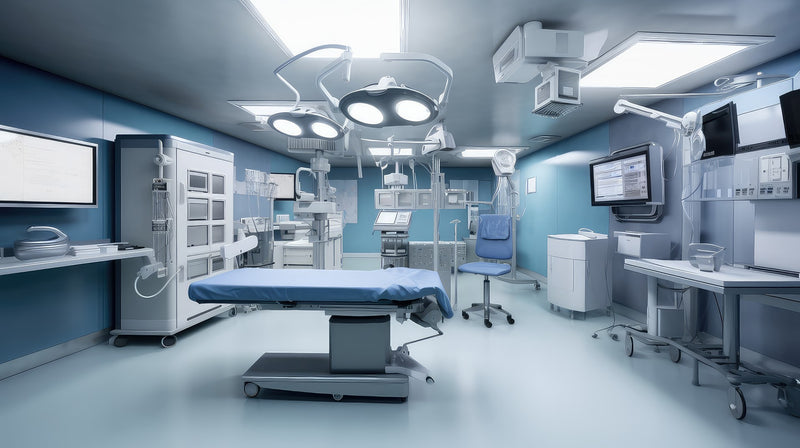 Hospital surgical suite with operating table and medical monitoring equipment
