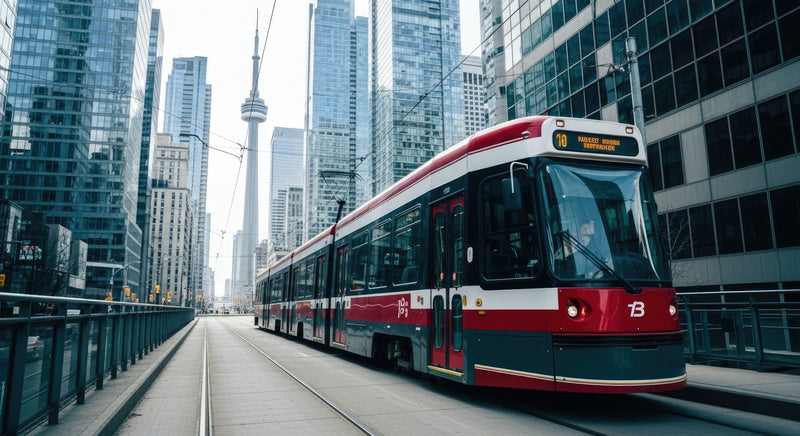 Street car moving through urban high-rise landscape.