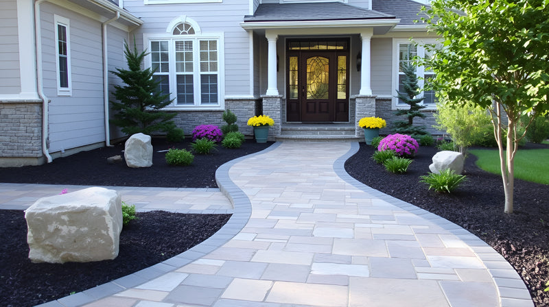 Interlocking brick walkway with landscaping leading to large house.