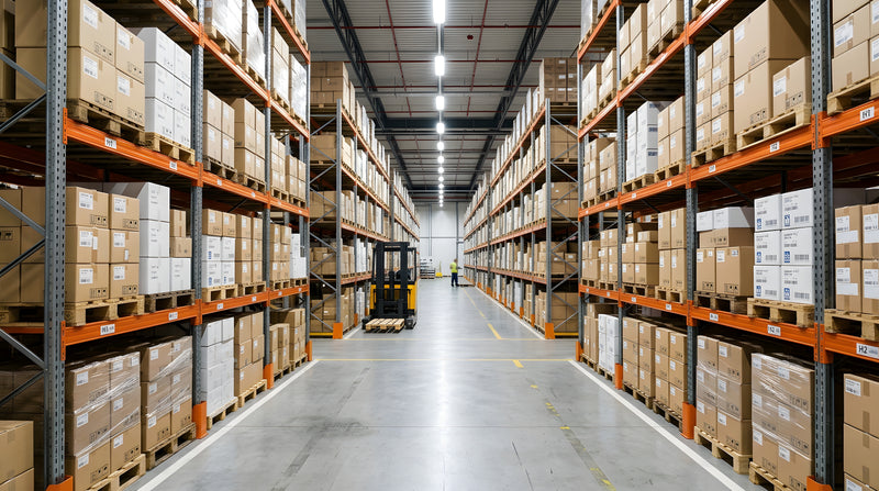 Large warehouse facility with tall multi-level racking filled with pallets of cardboard boxes. Forklift with empty pallet and man with clipboard in the background.
