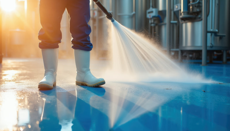 A workers wears white rubber boots and sprays water on blue coated concrete floors with tanks visible in the background.