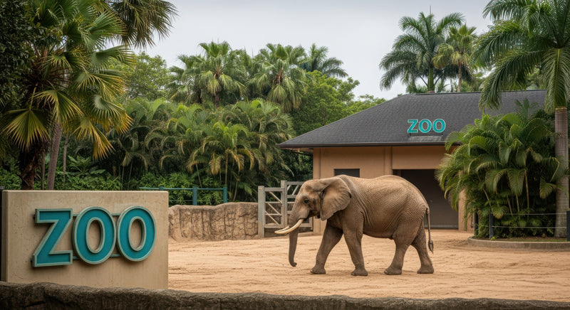 Elephant walking on sand in zoo enclosure surrounded by palm trees.