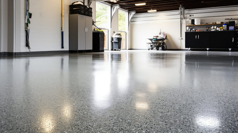 A polished concrete garage floor with a speckled gray and white finish, reflecting overhead garage lights. In the background, a white garage door is partially open, revealing a garage interior with cabinets, a cart, and storage shelves.