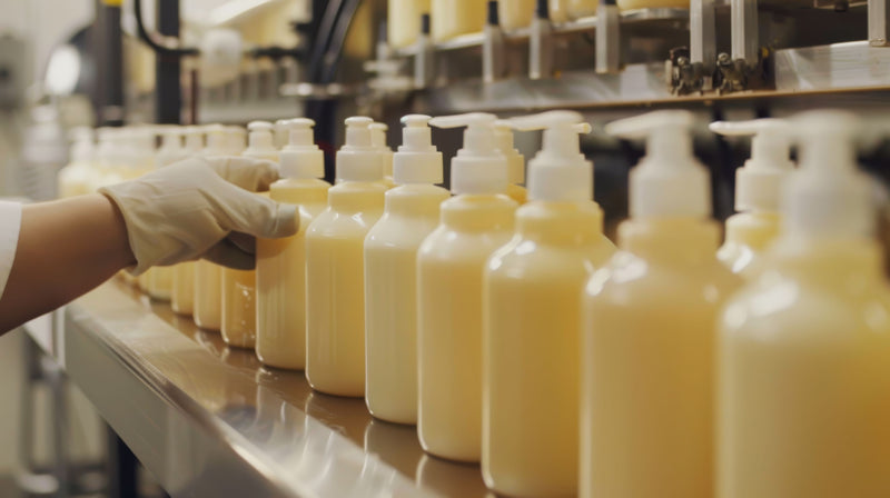 A row of pale yellow pump shampoo bottles on a production line, with a gloved hand reaching toward one bottle in a manufacturing setting.