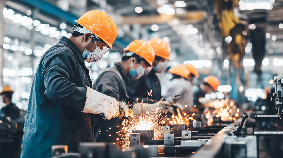 Workers in an industrial factory wearing orange hard hats, face masks, and protective gloves, with sparks flying as they work at a metal assembly line.